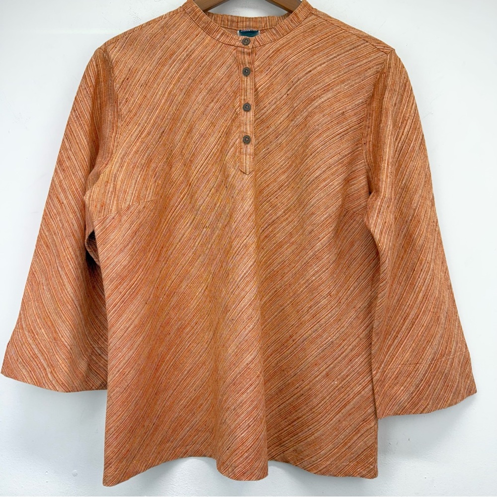 Patagonia size 14 Women’s Orange Hemp Lagenlook Striped 3/4 Sleeve Button Up Top